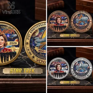 Star Trek Voyager 31st anniversary commemorative coins featuring Captain Janeway, crew, and USS Voyager on marble stands.!