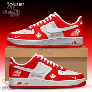 Custom red and white sneakers featuring a Canadian maple leaf, Toronto Tempo branding, and a text placeholder for a name.!