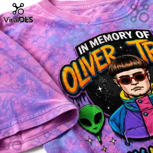 Pink and purple acid wash t-shirt featuring a cartoon illustration of Oliver Tree with an alien and text reading IN MEMORY OF.!