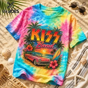 KISS Band graphic t-shirt featuring a retro car, palm trees, and surfboard on a vibrant pink, yellow, and blue tie-dye.!