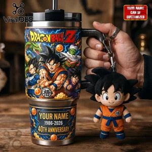Dragon Ball Z stainless steel tumbler featuring Goku, Vegeta, Piccolo, and Shenron with custom name and anniversary text.!