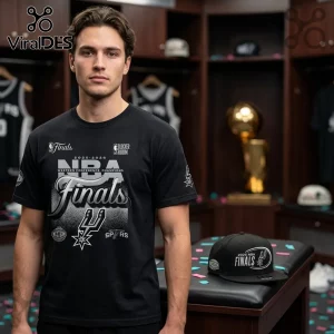 Man wearing a black 2026 San Antonio Spurs Western Conference Finals cotton t-shirt with a matching championship hat nearby.!