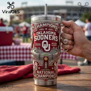 Oklahoma Sooners 2026 NCAA Baseball National Champions stainless steel tumbler with engraved stadium and text.!