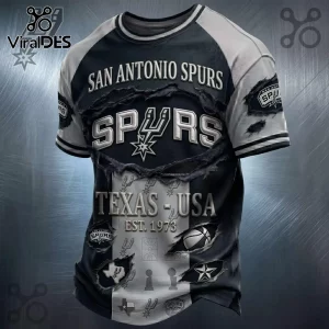 San Antonio Spurs raglan t-shirt with torn fabric effect, silver and black graphics, Texas-USA text, and team logos.!