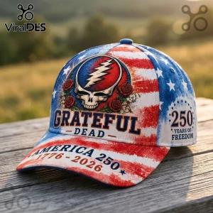 Grateful Dead baseball cap featuring a US flag pattern, skull and rose graphic, and America 250 1776-2026 text.!