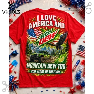 Red graphic t-shirt featuring a Mtn Dew logo, bald eagle, off-road vehicle, US flag, and text reading 250 Years of Freedom.!