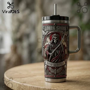 Lorna Shore stainless steel tumbler with grim reaper, red gothic accents, and Born Remains text on a wooden table.!