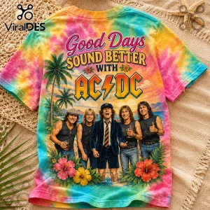 AC/DC tie-dye t-shirt with palm trees, hibiscus flowers, and a tropical beach background featuring band members.!
