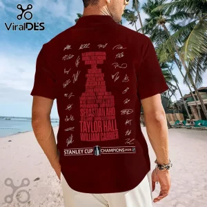 Maroon button-up shirt featuring a Stanley Cup graphic with player names and white digital autographs on the back.!