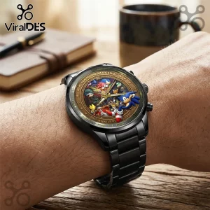 Sonic the Hedgehog 35th anniversary black metal chronograph watch featuring character art on a bronze-toned dial.!