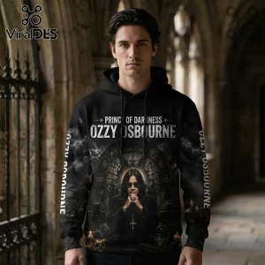 Black hoodie featuring Ozzy Osbourne portrait, gothic stained glass window background, and Prince of Darkness text print.!