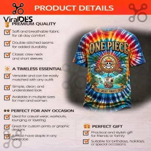 One Piece crew neck t-shirt with multi-color tie-dye pattern and pirate graphic featuring a ship and skull logo.!