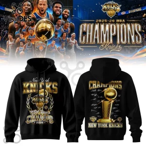 Black New York Knicks 2026 NBA Champions hoodie featuring golden Larry O'Brien trophy graphics and player signatures.!