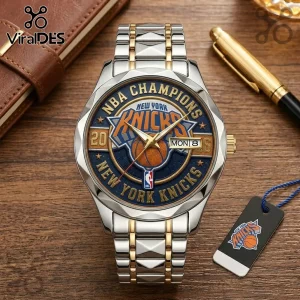 New York Knicks NBA Champions wrist watch with blue and orange dial, gold accents, and silver and gold metal link band.!
