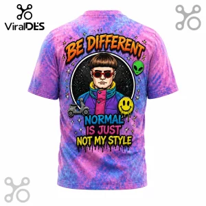 Oliver Tree graphic tee in purple and blue tie-dye, featuring bowl cut man, scooter, alien, and text Be Different.!