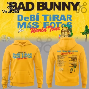 Bad Bunny DeBi Tirar Mas Fotos yellow hoodie featuring front and back prints with world tour city names and frog graphic.!