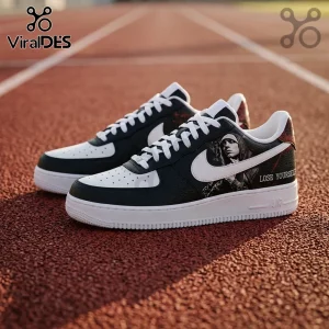 Custom Nike Air Force 1 sneakers featuring Eminem portrait and Lose Yourself text on a black and white leather upper.!
