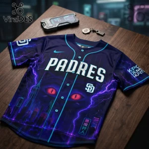 San Diego Padres baseball jersey with purple lightning, glowing red monster eyes, and cyberpunk city art on wood table.!