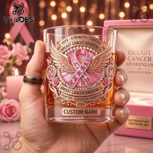 Breast cancer awareness rocks glass featuring a pink ribbon, angel wings, and engraved text including 2026 and name slot.!