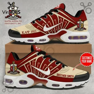 Kappa Alpha Psi fraternity Nike Air Max sneakers in crimson and cream with Greek letters, coat of arms, and custom name.!