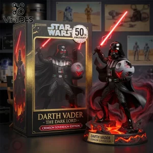 Darth Vader Crimson Sovereign Edition 50th Anniversary collectible figure holding a glowing Death Star with red LED light.!