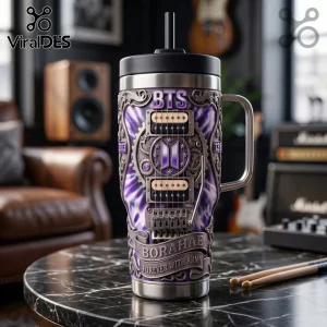 Purple tie-dye stainless steel tumbler featuring BTS logo, guitar hardware, and engraved Borahae Forever With Army text.!