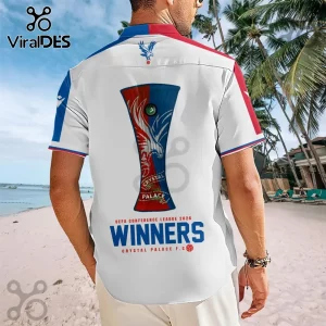 Crystal Palace FC white button-down shirt featuring a UEFA Conference League 2026 trophy graphic on a tropical beach.!