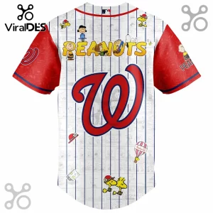 Washington Nationals Peanuts baseball jersey with red sleeves, white pinstriped body, and Snoopy character graphics.!