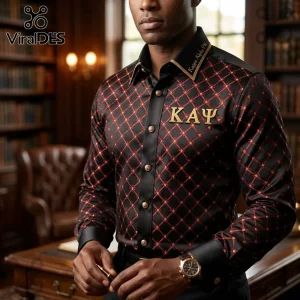 Black button-up shirt with red diamond pattern, gold Kappa Alpha Psi greek letters, and collar embroidery in a library.!