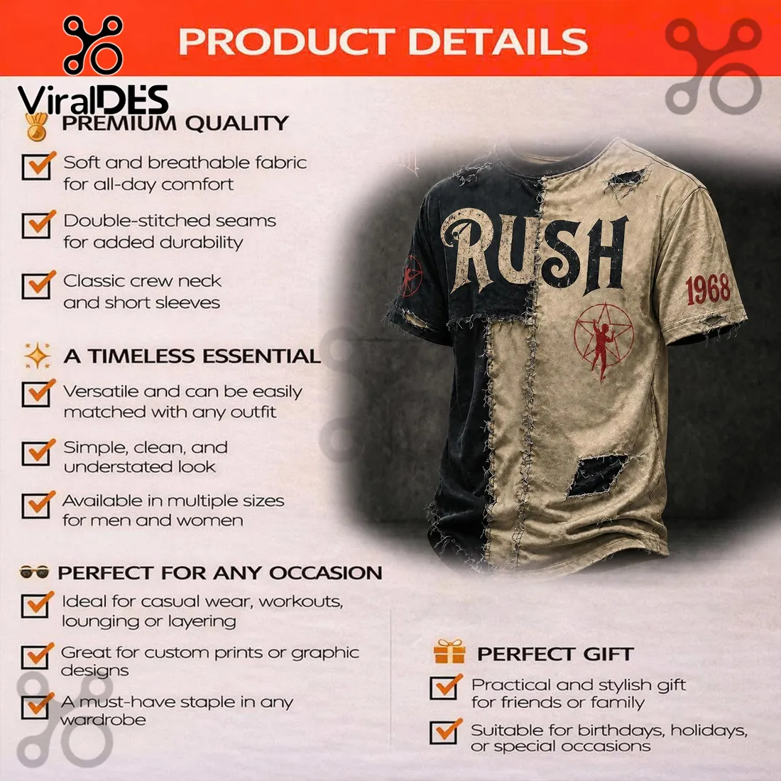 Rush Band 1968 Vintage Two-Tone Distressed T-Shirt Rush Band 1968 Vintage Two-Tone Distressed T-Shirt