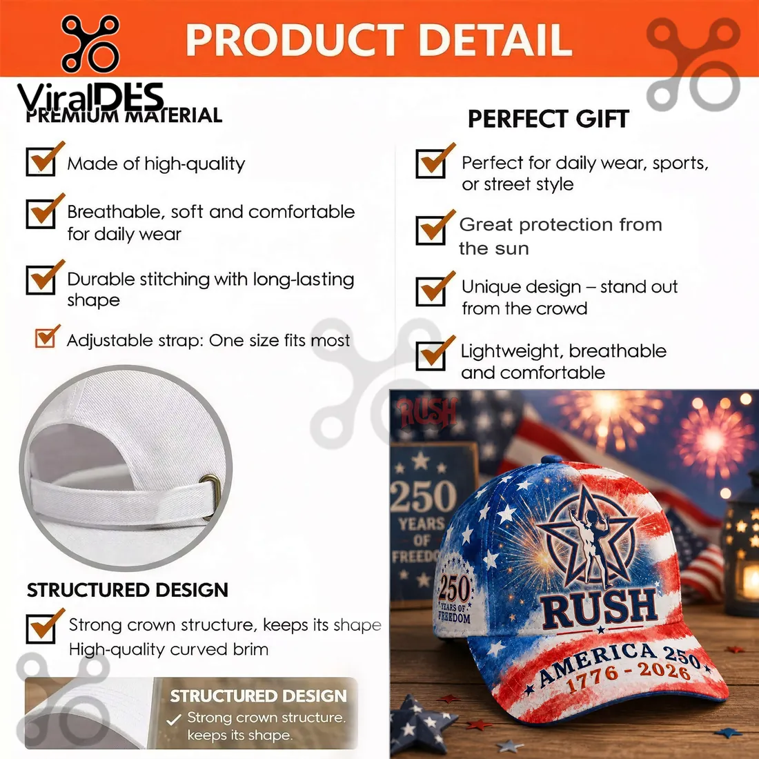 Rush Band America 250th Anniversary 1776-2026 Patriotic Cap Rush Band America 250th Anniversary 1776-2026 Patriotic Cap