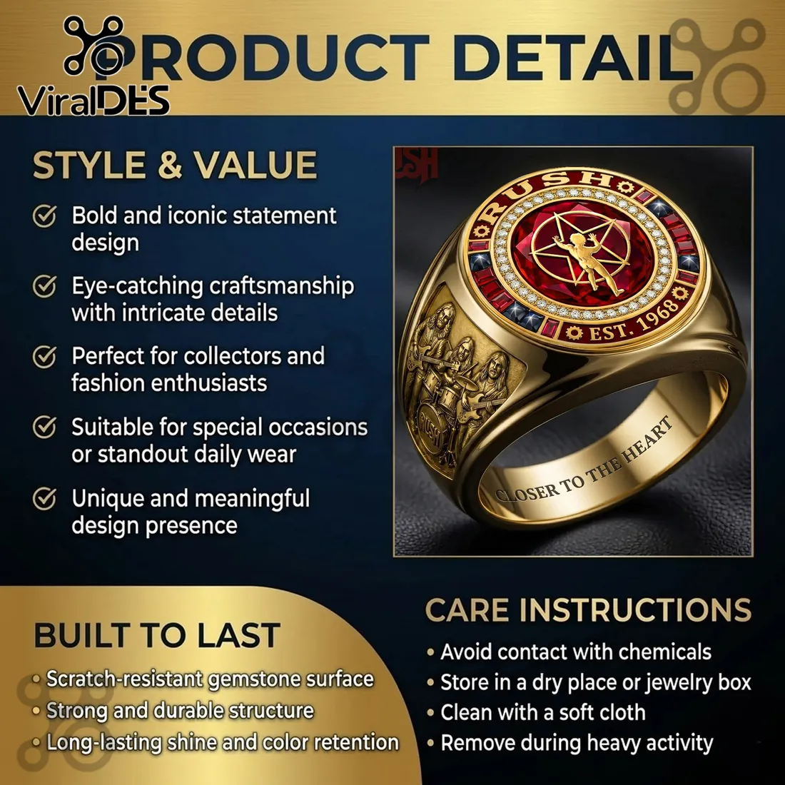 Rush Band Starman Logo Gold Plated Ring Rush Band Starman Logo Gold Plated Ring