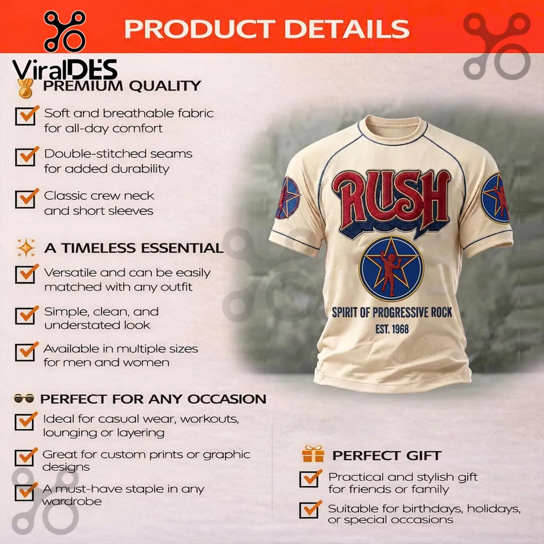 Rush Spirit of Progressive Rock Est 1968 Beige T-Shirt Rush Spirit of Progressive Rock Est 1968 Beige T-Shirt