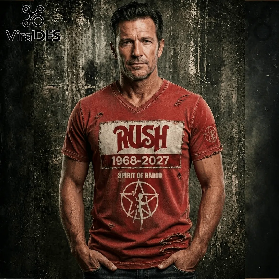 Rush Spirit Of Radio 1968-2027 Red Distressed T-Shirt Rush Spirit Of Radio 1968-2027 Red Distressed T-Shirt