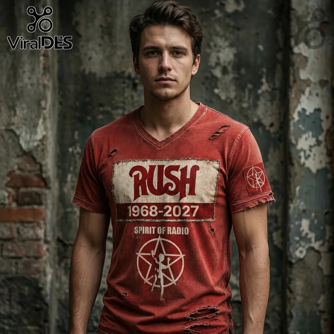 Rush Spirit Of Radio 1968-2027 Red Distressed T-Shirt Rush Spirit Of Radio 1968-2027 Red Distressed T-Shirt