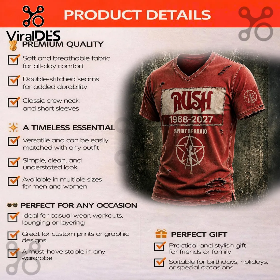 Rush Spirit Of Radio 1968-2027 Red Distressed T-Shirt Rush Spirit Of Radio 1968-2027 Red Distressed T-Shirt