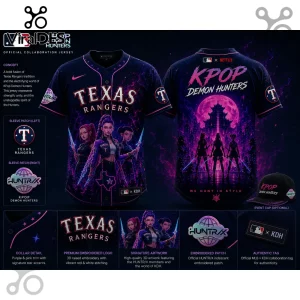 Texas Rangers and K-Pop Demon Hunters collaboration baseball jersey in navy blue with pink neon graphic prints.!