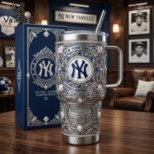 New York Yankees stainless steel tumbler with engraved Yankee Stadium, team logos, and blue rhinestone accents.!