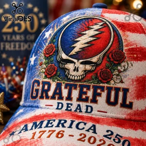 Grateful Dead baseball cap with American flag print, Steal Your Face skull logo, red roses, and America 250 text.!