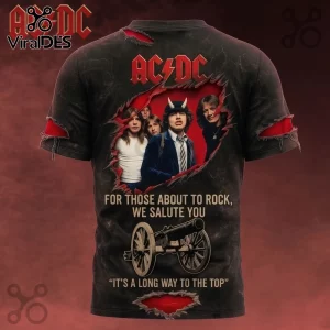 Black AC/DC t-shirt featuring band members, a cannon graphic, and the text For Those About To Rock, We Salute You.!