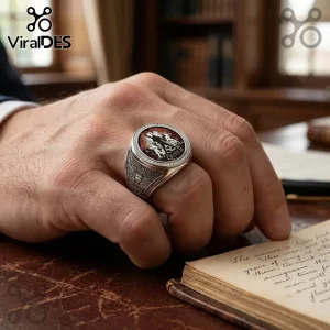 Silver Queen band ring on man's finger featuring the Queen crest logo with red enamel and diamond-encrusted borders.!