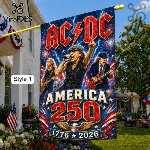 AC/DC band members Brian Johnson and Angus Young on a blue fabric house flag with America 250 and fireworks graphics.!