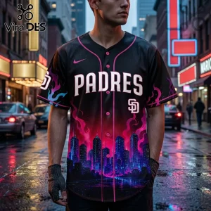 San Diego Padres baseball jersey with black fabric, pink flames, and a neon city skyline print against a rainy street.!