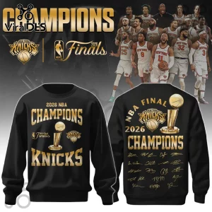 Black New York Knicks 2026 NBA Champions sweatshirt featuring a golden championship trophy and team signatures.!