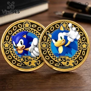 Two gold-rimmed Sonic the Hedgehog 35th anniversary commemorative coins featuring classic and modern character designs.!