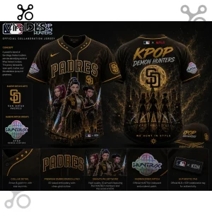 San Diego Padres and KPOP Demon Hunters collaboration jersey in black and gold with embroidered sleeve patches and artwork.!