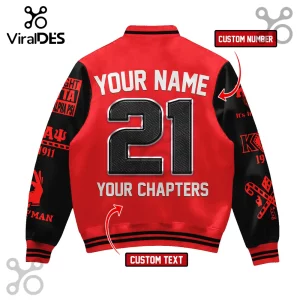 Red and black custom varsity jacket featuring Kappa Alpha Psi Greek letters, the number 21, and personalized text areas.!