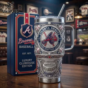 Atlanta Braves stainless steel tumbler with rhinestone detailing, baseball motifs, and Truist Park engraving in a gift box.!