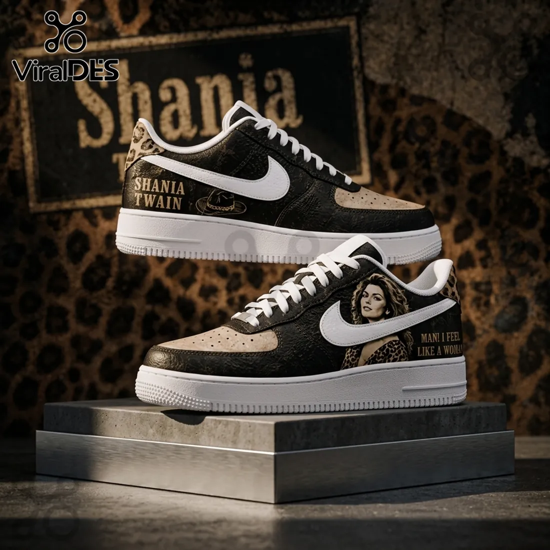 Shania Twain Black Leopard Nike Air Force 1 Sneakers Shania Twain Black Leopard Nike Air Force 1 Sneakers