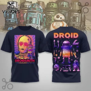 Navy blue t-shirt with Star Wars droid graphics, featuring C-3PO, Babu Frik, and tools in neon purple and orange print.!